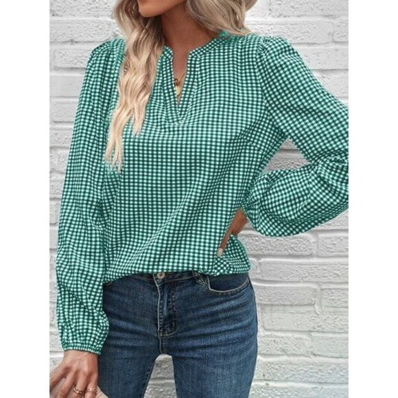 Green Gingham Check Split Neck Bishops Sleeve Blouse XL - Picture 1 of 6